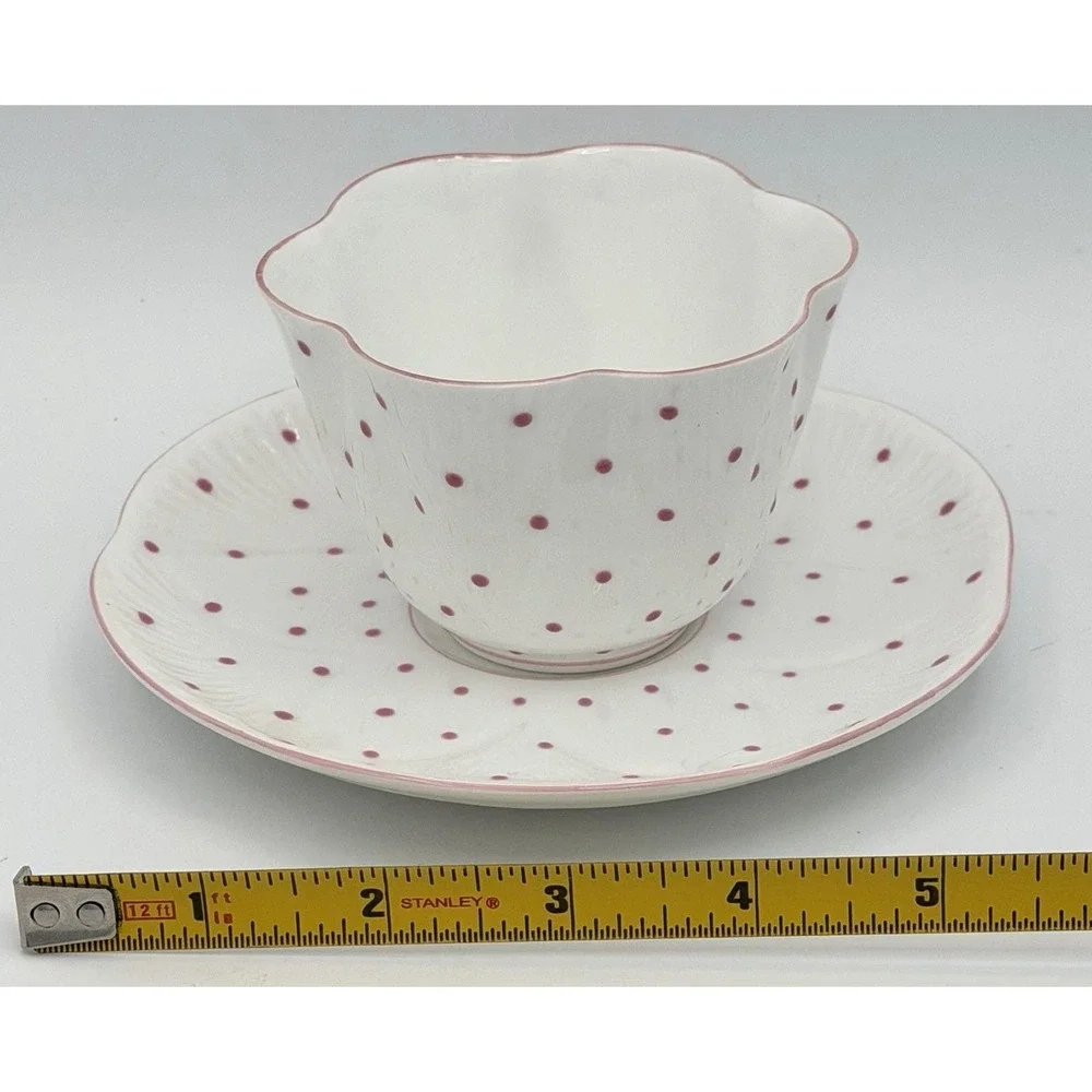 Shelley England Tea Cup Saucer Set White Pink Polka Dots Fine Bone China EUC